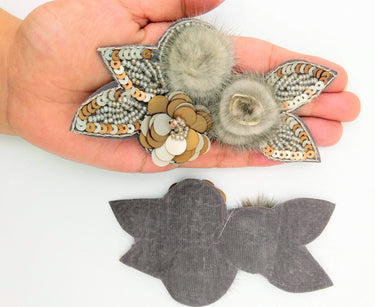 Grey and Antique Gold Hand Embroidered Floral Applique, Beaded and Sequins Applique